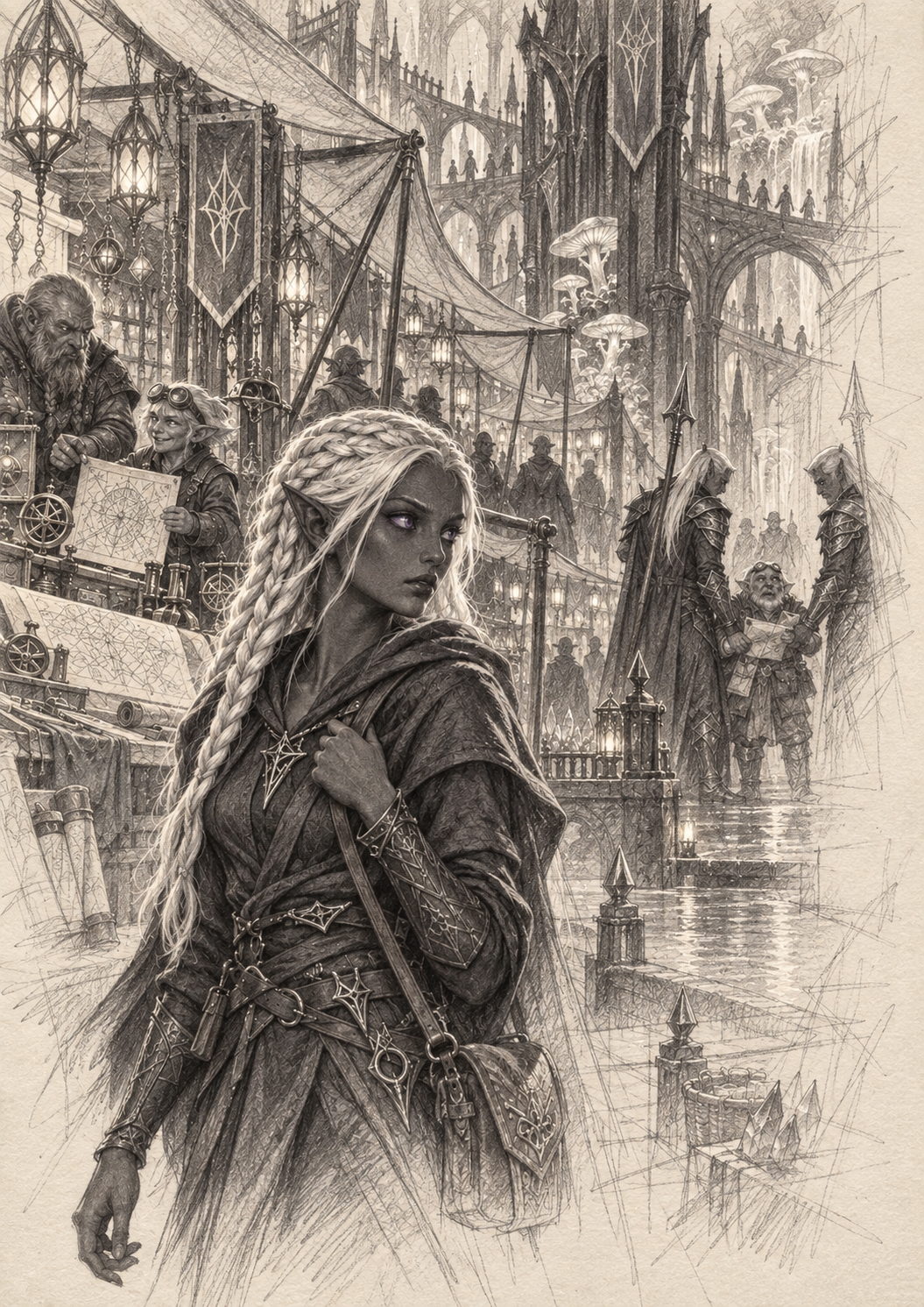 Étude visuelle à l’aspect de dessin au graphite : Zaelyra dans le Bazar souterrain, avec des lignes de construction encore visibles